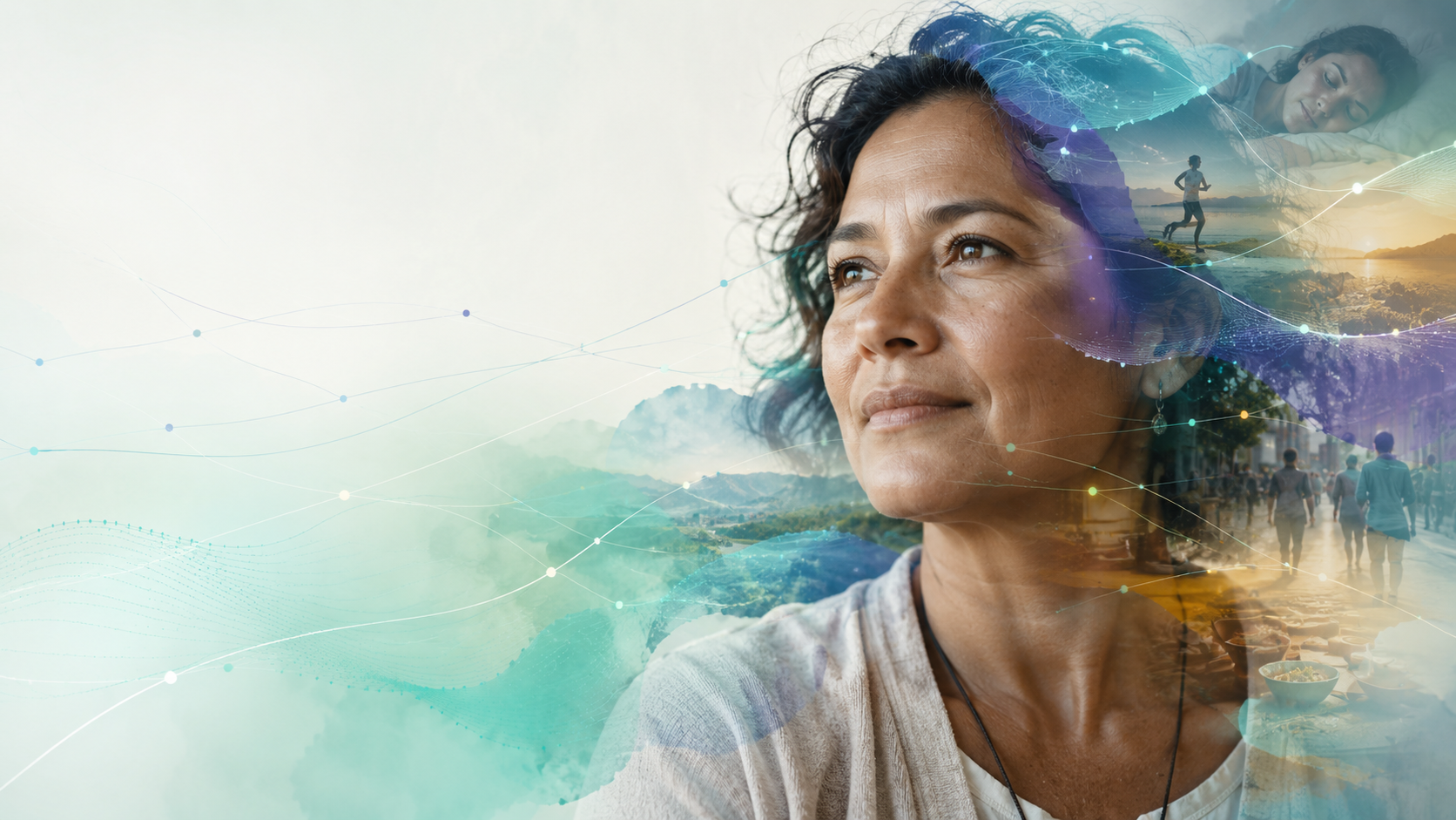 Retrato humano integrado con escenas de descanso, movimiento, entorno y alimentación