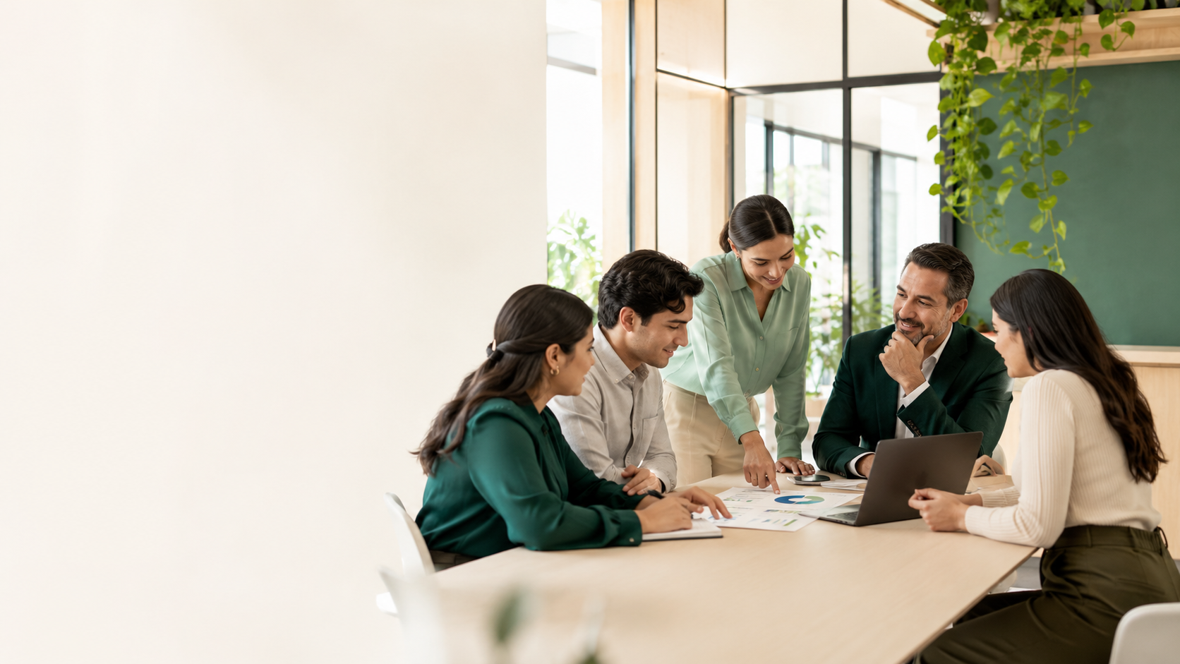 Equipo empresarial conversando sobre una estrategia de bienestar